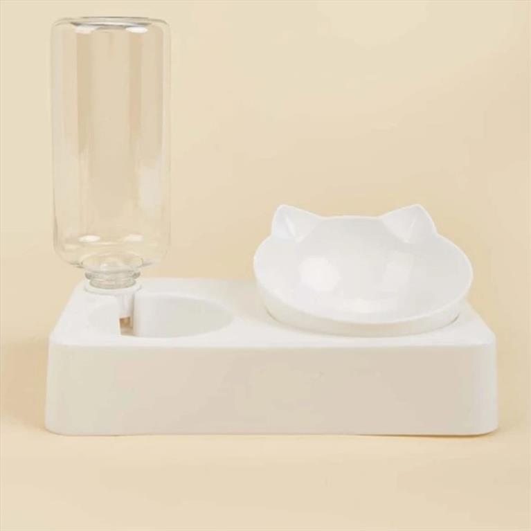 Μπολ φαγητού λευκό σε σχήμα γάτας με μπουκάλι νερού