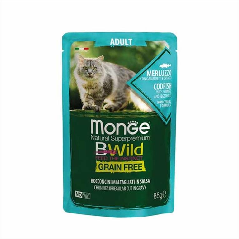 Monge BWild Grain Free με Μπακαλιάρο, Γαρίδες και Λαχανικά 85gr