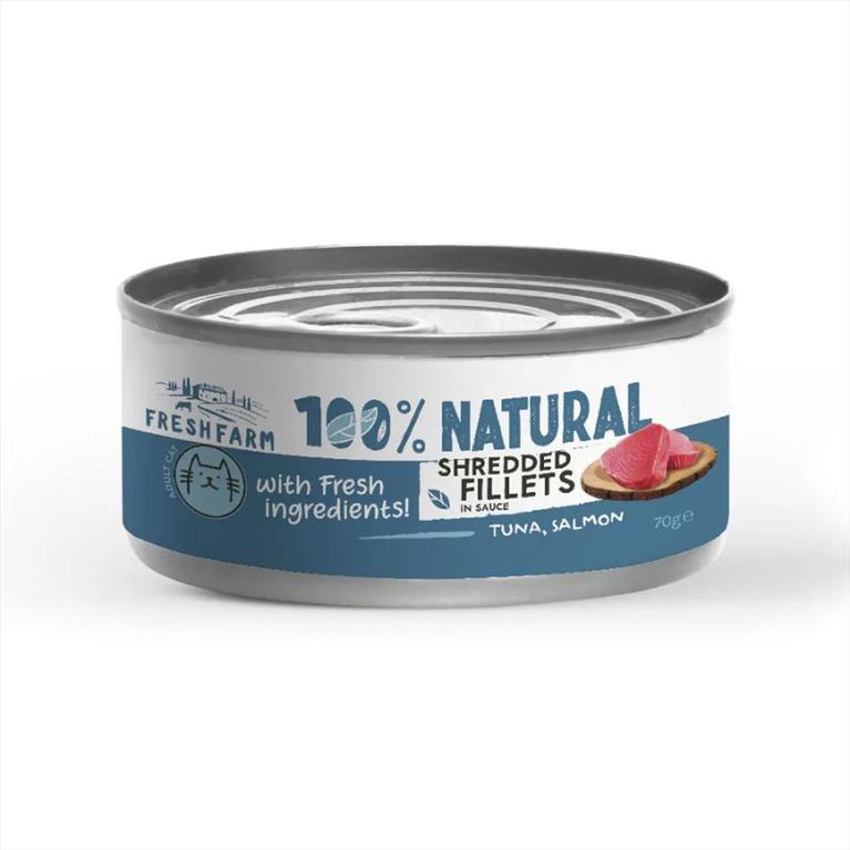 Fresh Farm 100% Natural Φιλετάκια Τόνου και Σολομού σε Σάλτσα 70gr