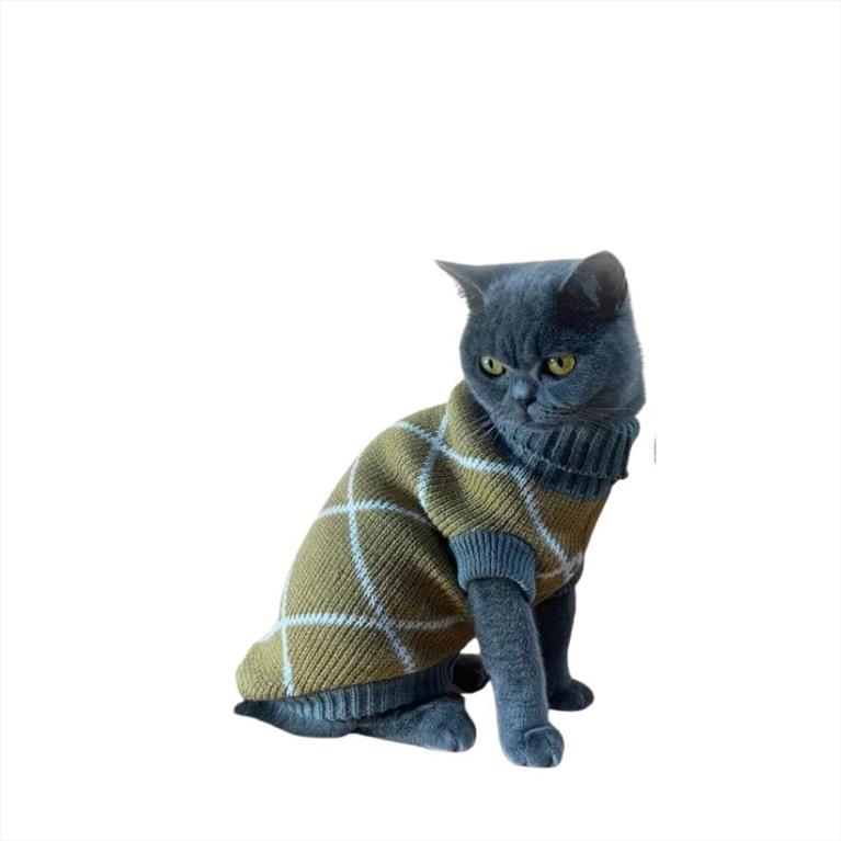 Πλεκτό Πουλόβερ Γάτας με Ζιβάγκο Καφέ με Γεωμετρικό Σχέδιο Πλάτη:25-27cm Στήθος:28-35cm